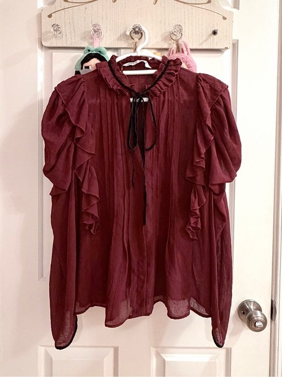 Zara Tops - Zara Ruffled Tie-Neck Sheer Blouse - Burgundy